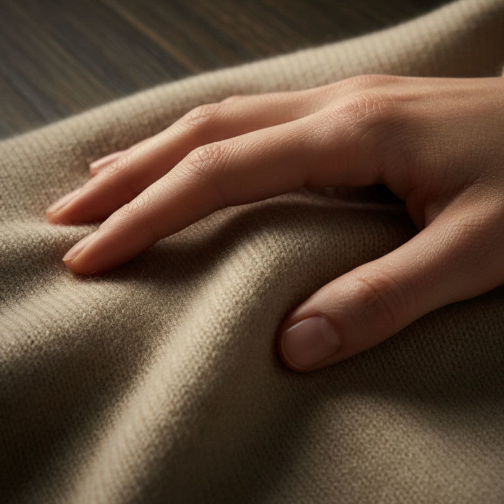 Main touchant une étoffe en cachemire, illustrant le savoir-faire textile