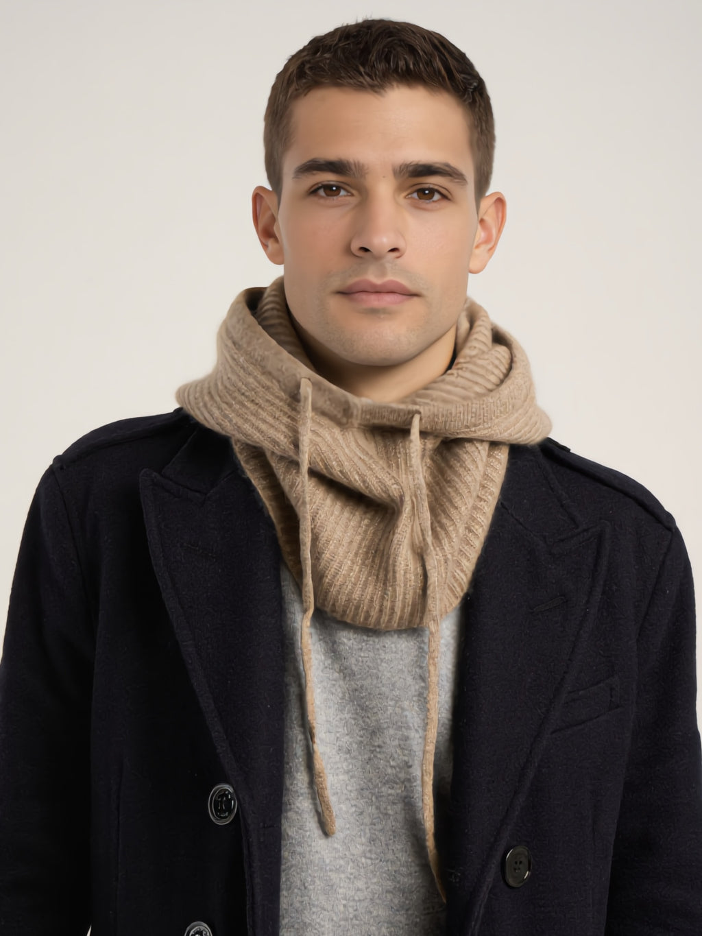 Cagoule côtelée mixte, en cachemire marron  – vue de face