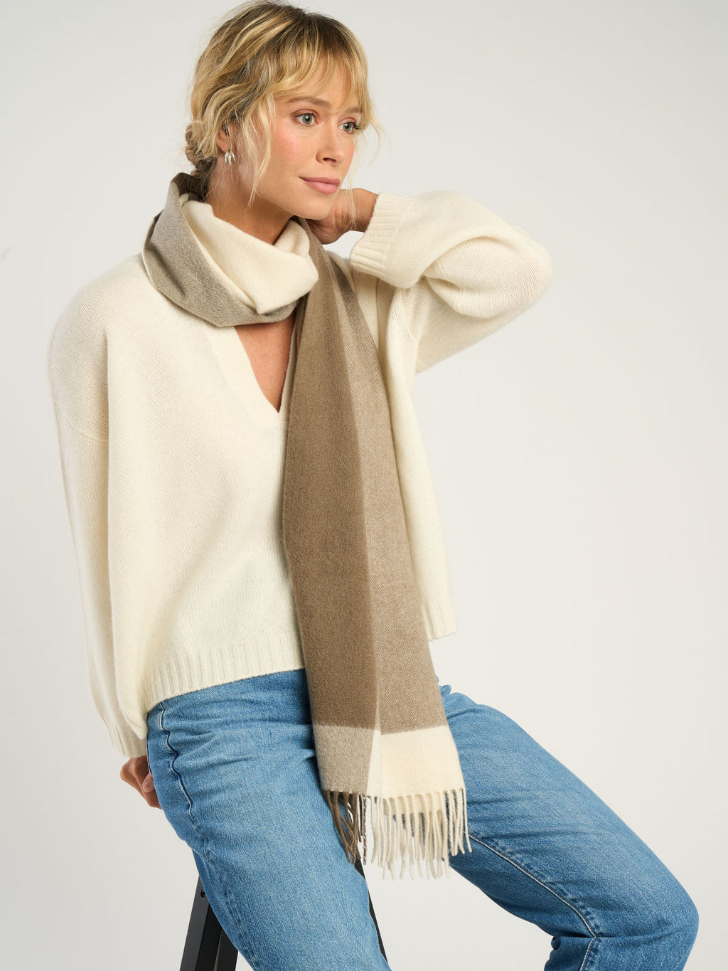 Echarpe bicolore mixte, en cachemire beige marron  – vue de face