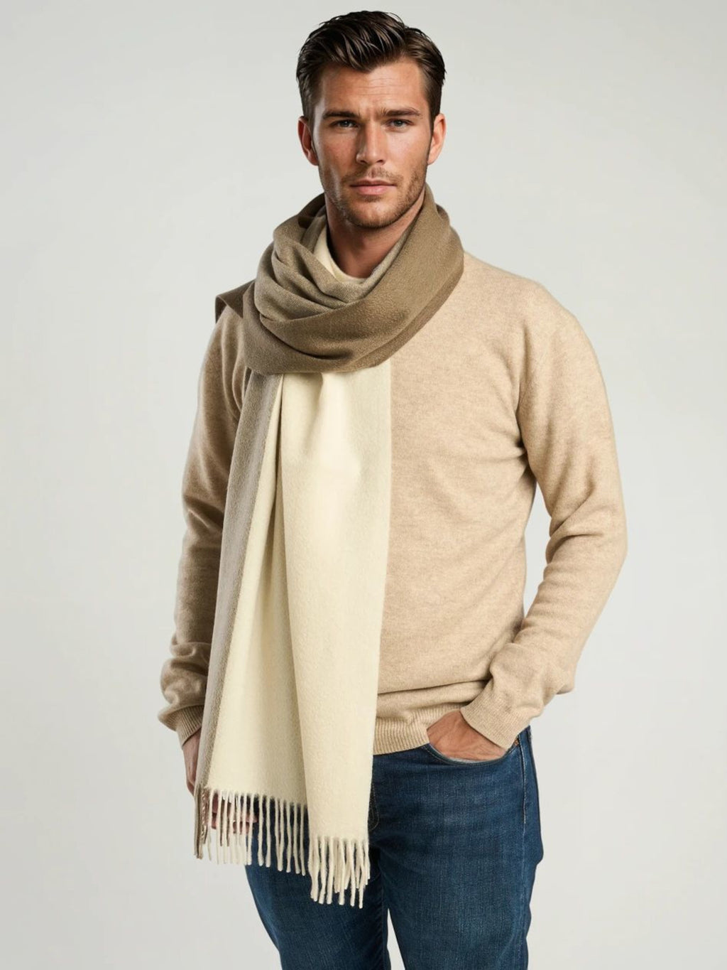 Echarpe bicolore mixte, en cachemire beige marron  – vue de face