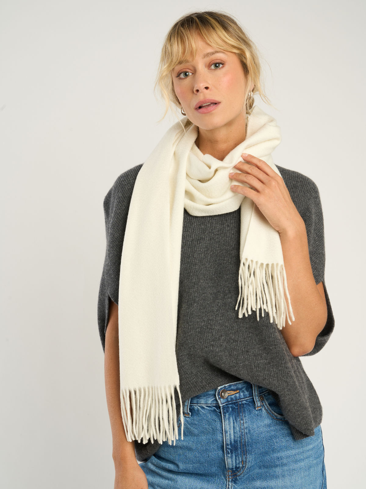 Echarpe classique mixte, en cachemire blanc  – vue de face