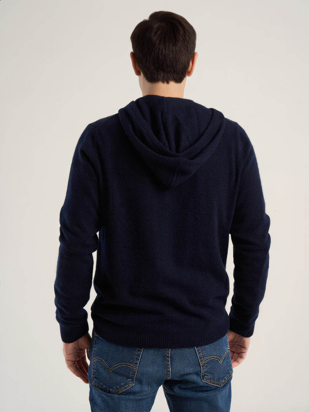 Gilet à capuche pour homme, en cachemire marine  – vue de dos