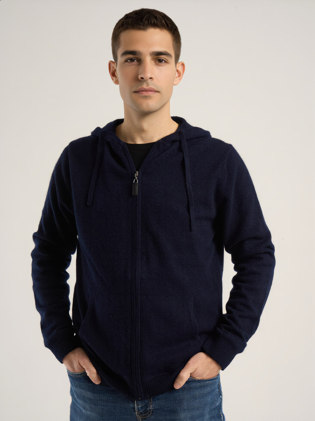 Gilet à capuche pour homme, en cachemire marine  – vue de face