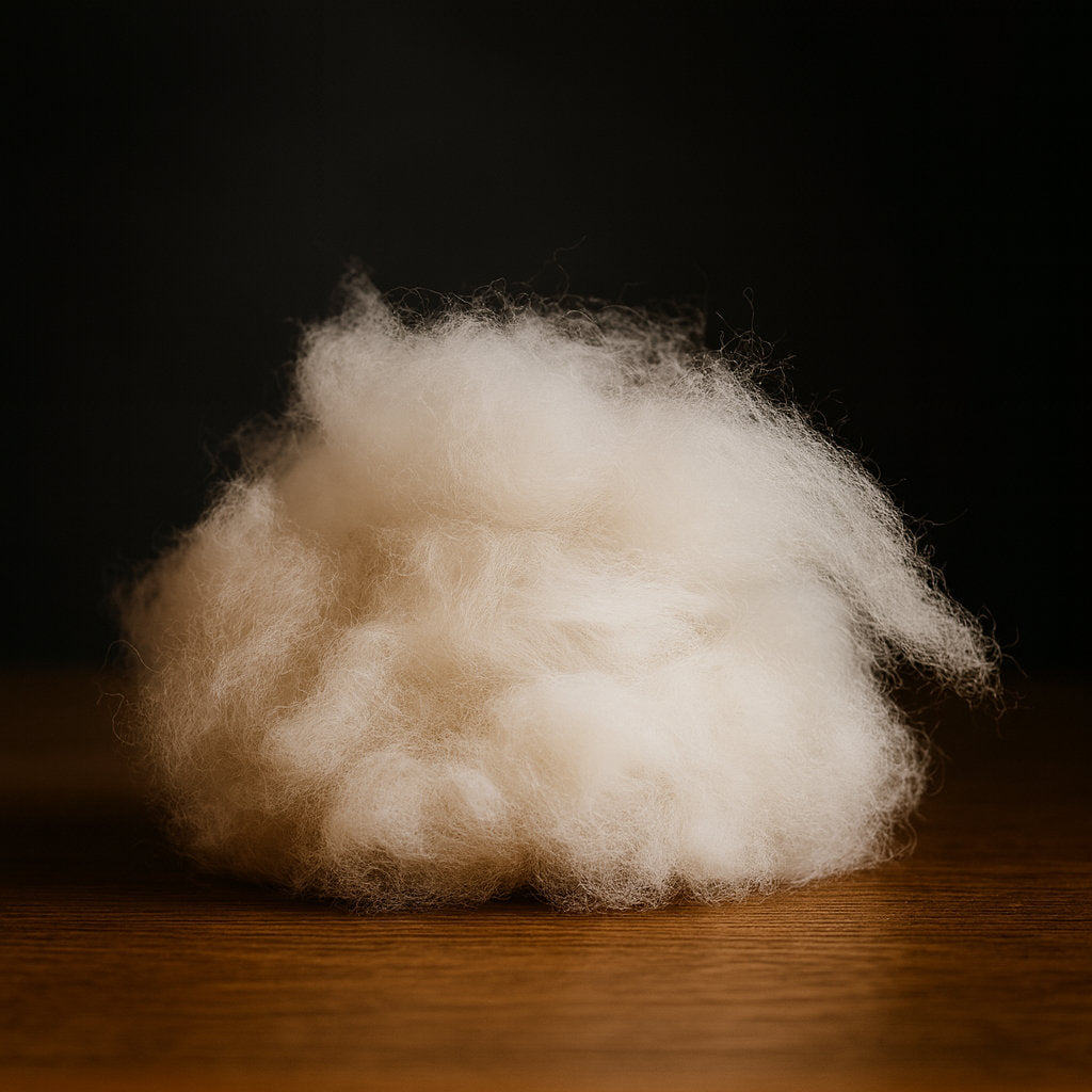 Fibres de cachemire sur fond noir, illustrant la qualité et la pureté de la matière