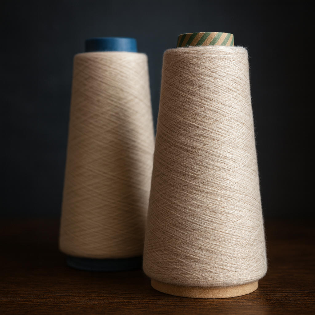 Bobines de fil de cachemire sur fond noir, illustrant le savoir-faire textile