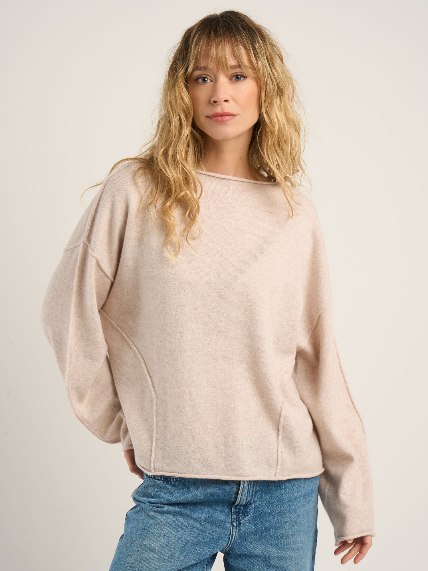 Pull col bateau pour femme, en cachemire beige  – vue de face