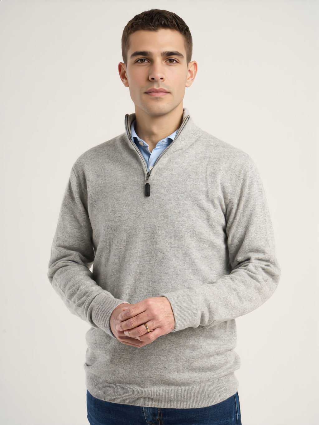 Pull col camionneur pour homme, en cachemire gris clair  – vue de face