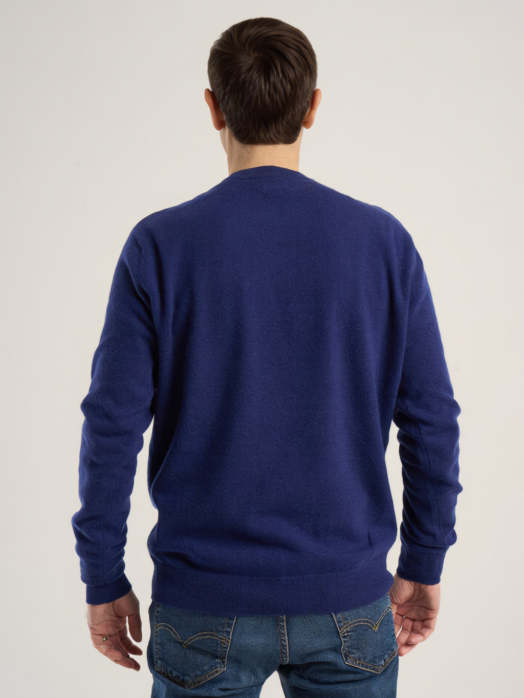 Pull col rond pour homme, en cachemire bleu royal  – vue de dos